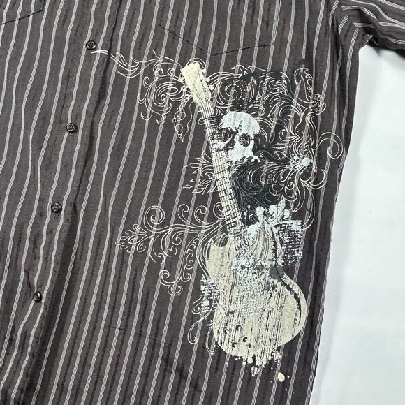 Machine Graphic Long Sleeve Button Down Men's XL Brown Shirt Guitar Skull Print - Picture 2 of 8